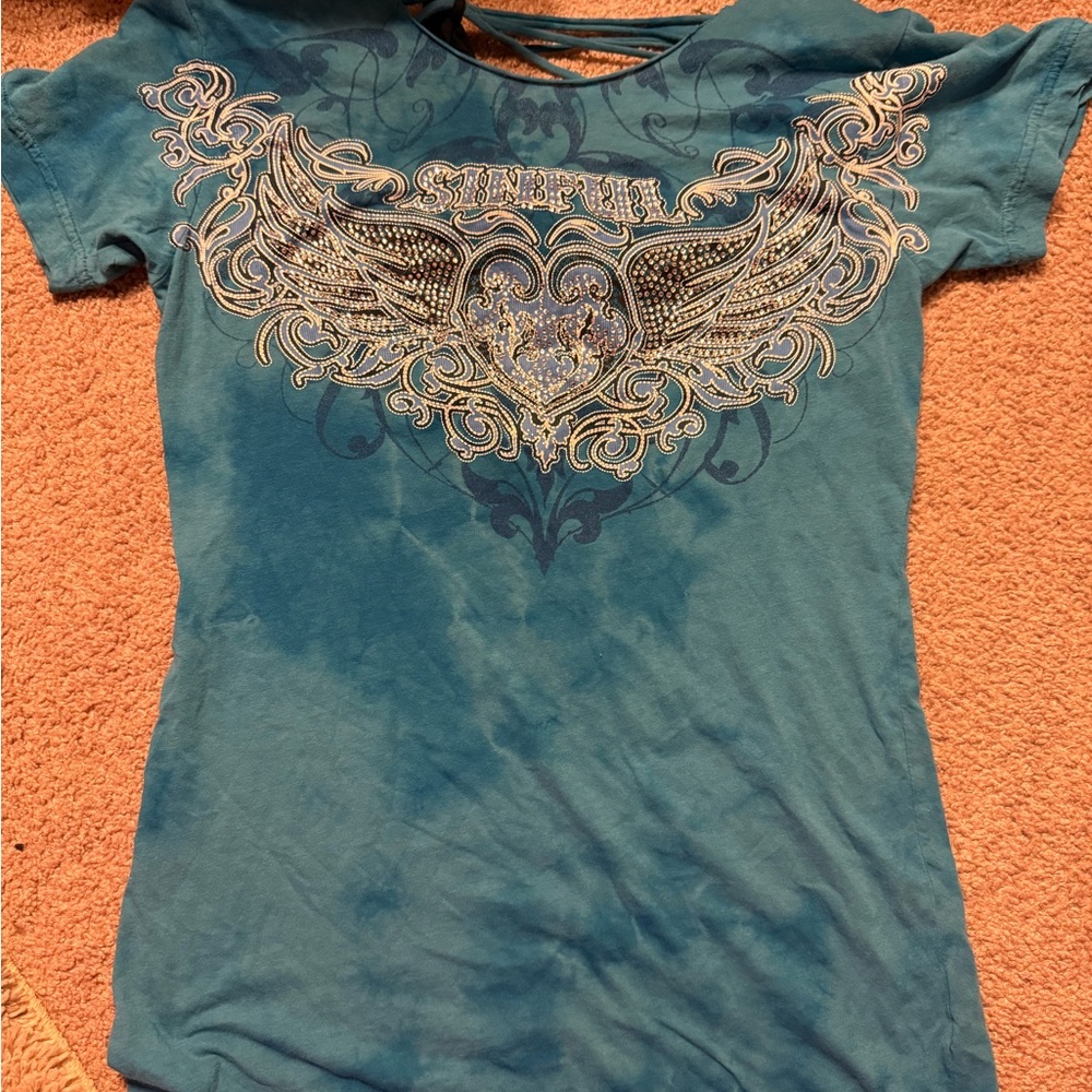 Sinful Blue Fitted Polo T-Shirt with Embellished Design